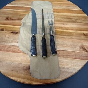 Vintage Universal Black Stag Antler Handled 3 Pc Stainless Resistain Carving Set